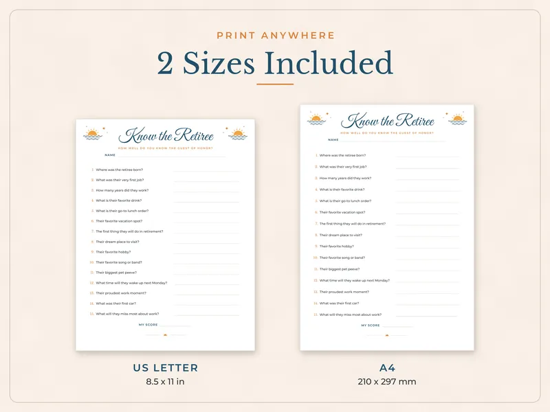 Retirement Party Games Bundle: paper sizes
