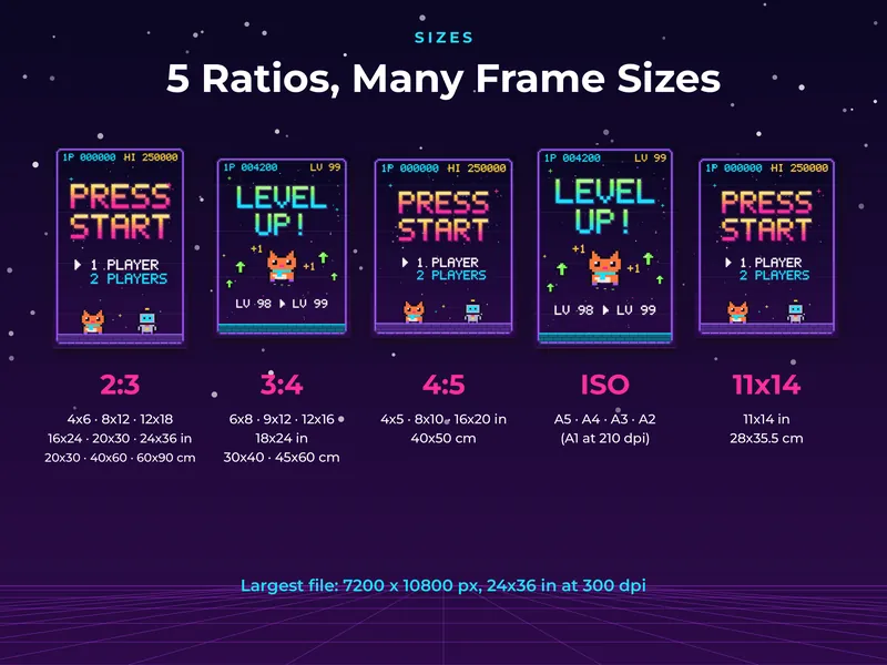Retro Arcade Pixel Wall Art: paper sizes