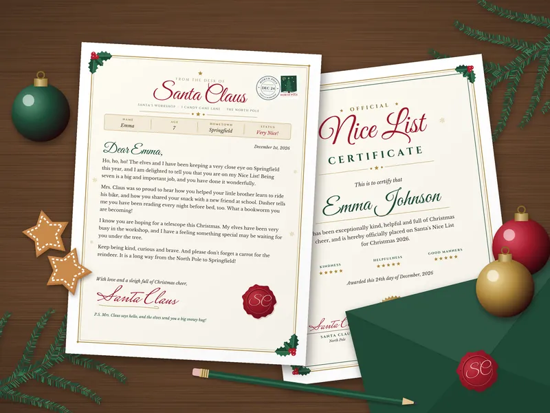 Editable Letter from Santa with Nice List Certificate: printed pages laid flat