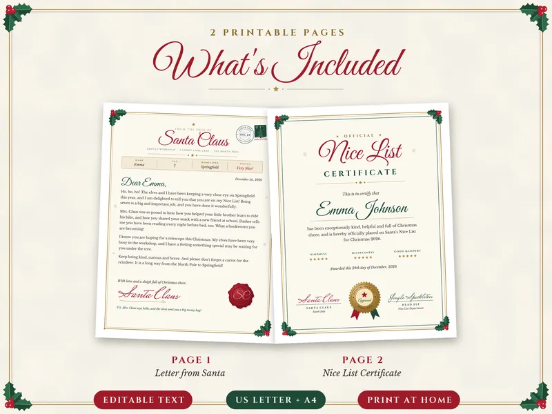 Editable Letter from Santa with Nice List Certificate: what's included