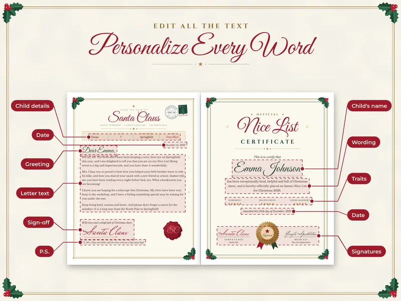 Editable Letter from Santa with Nice List Certificate: edit every word