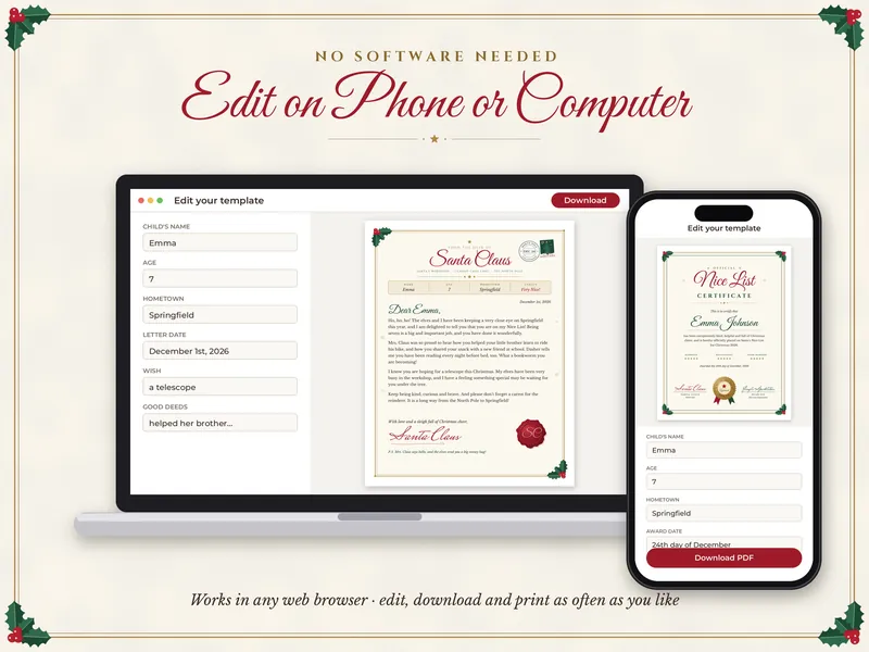 Editable Letter from Santa with Nice List Certificate: phone or computer
