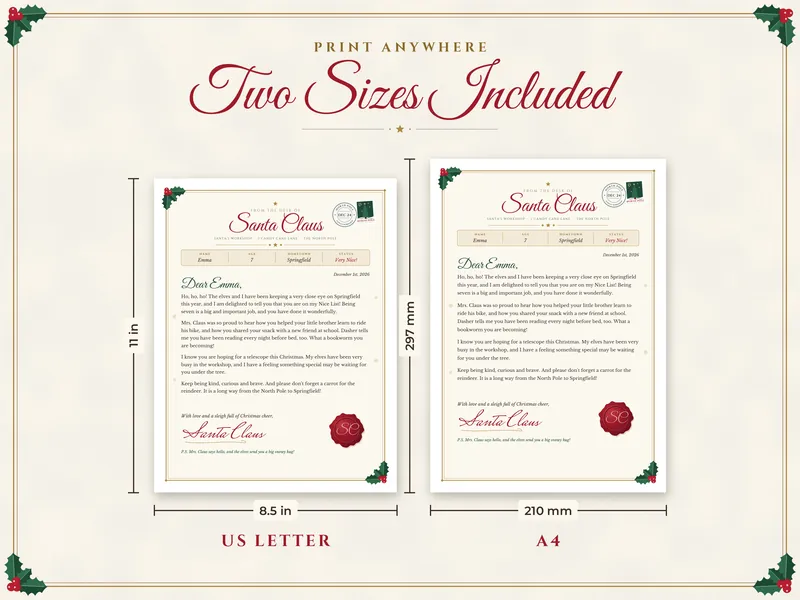 Editable Letter from Santa with Nice List Certificate: paper sizes