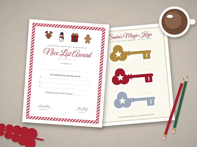 Nice List Certificate and Santa Key Kit: printed pages laid flat