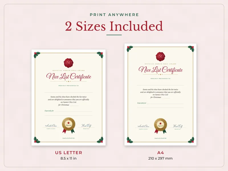 Nice List Certificate and Santa Key Kit: paper sizes