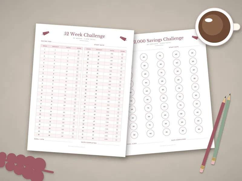 Savings Challenge Bundle: printed pages laid flat