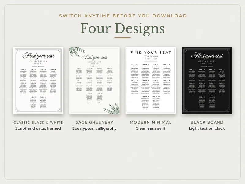 Editable Wedding Seating Chart: four designs