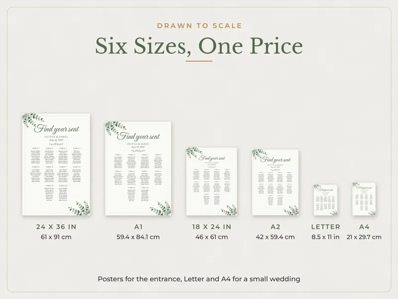 Editable Wedding Seating Chart: paper sizes