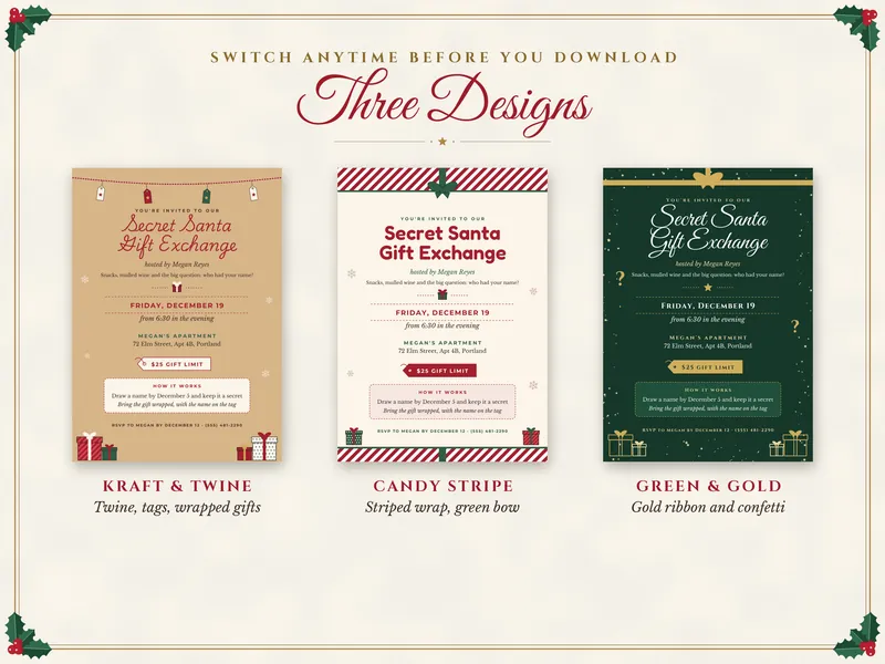 Editable Secret Santa Invitation: three designs