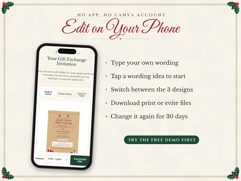 Editable Secret Santa Invitation: edit on a phone