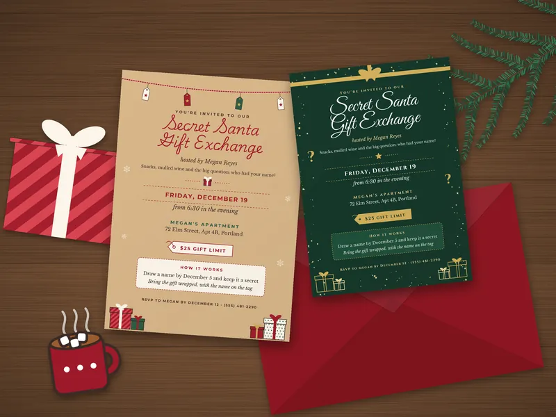Editable Secret Santa Invitation: printed pages laid flat