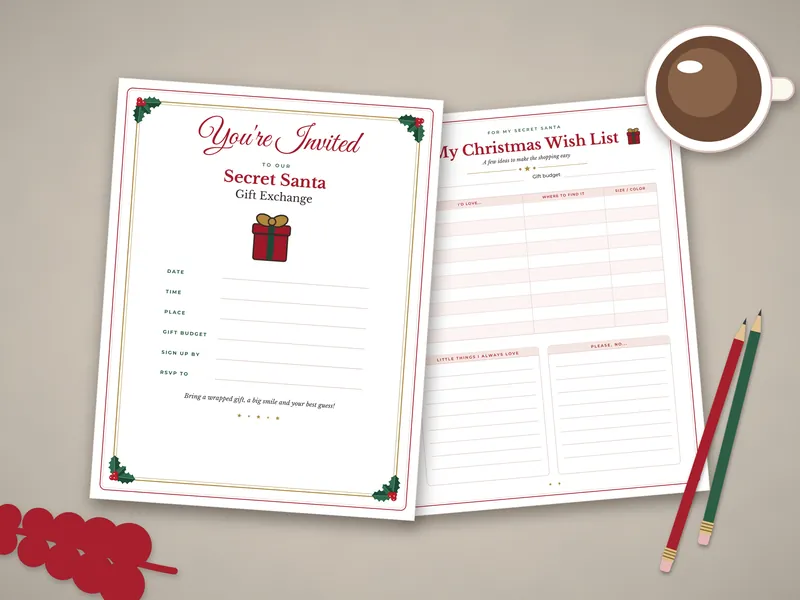 Secret Santa Questionnaire and Gift Exchange Kit: printed pages laid flat