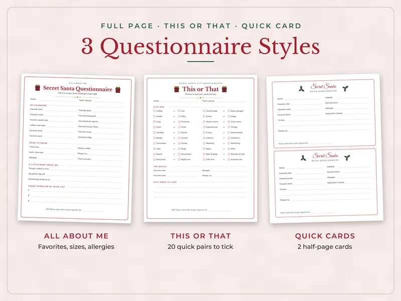Secret Santa Questionnaire and Gift Exchange Kit: questionnaires