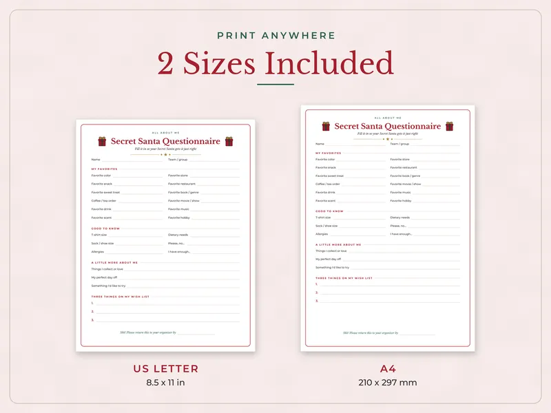 Secret Santa Questionnaire and Gift Exchange Kit: paper sizes