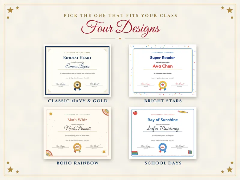 Editable Student Award Certificates: four designs