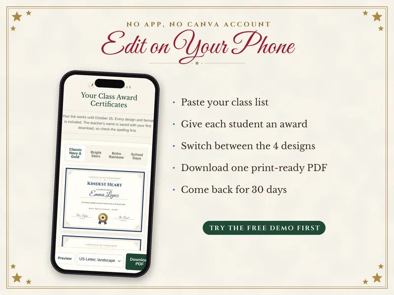 Editable Student Award Certificates: edit on a phone