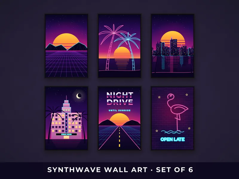 Synthwave Wall Art Set of 6: overview
