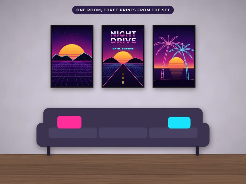 Synthwave Wall Art Set of 6: room
