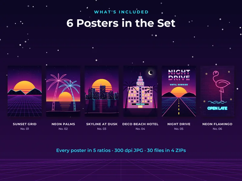 Synthwave Wall Art Set of 6: included