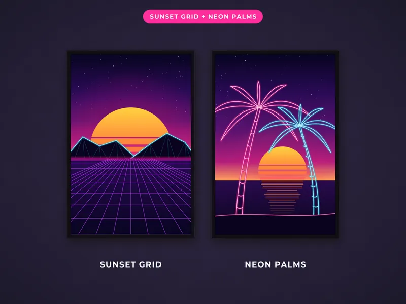 Synthwave Wall Art Set of 6: sunset palms