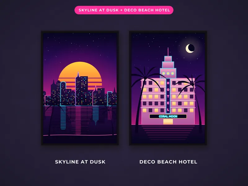 Synthwave Wall Art Set of 6: skyline hotel