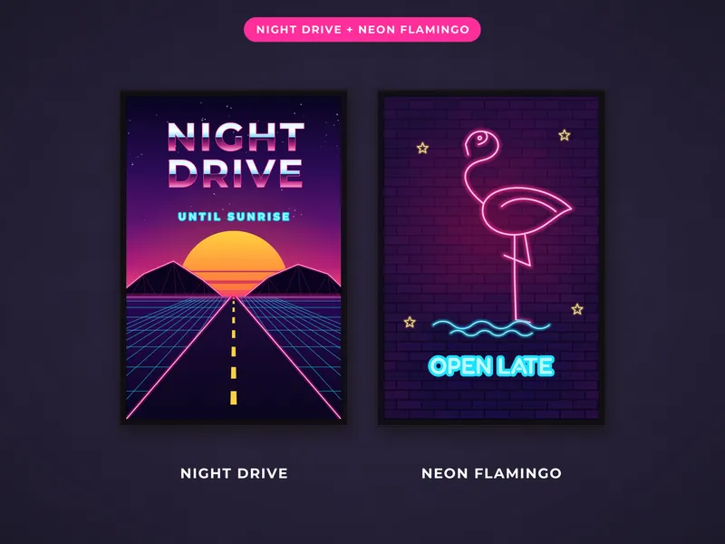 Synthwave Wall Art Set of 6: drive flamingo