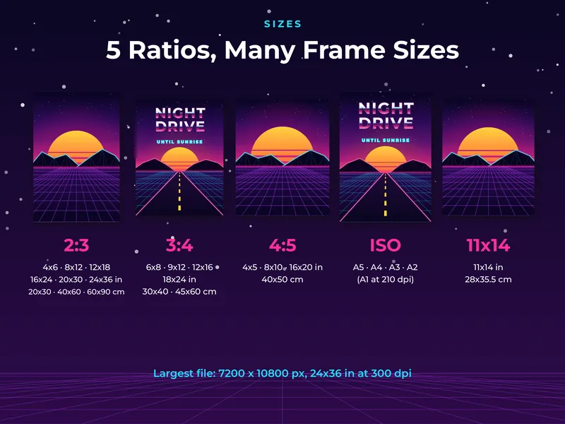 Synthwave Wall Art Set of 6: paper sizes