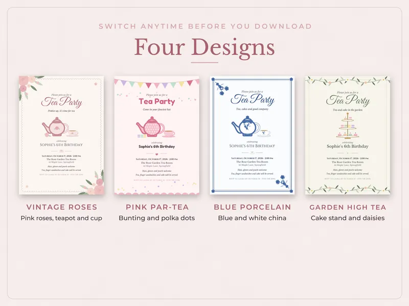 Editable Tea Party Invitation: four designs