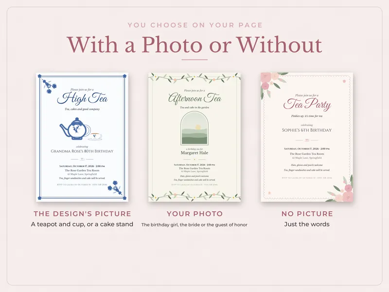 Editable Tea Party Invitation: with or without a photo