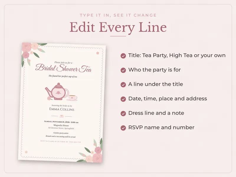 Editable Tea Party Invitation: edit every line