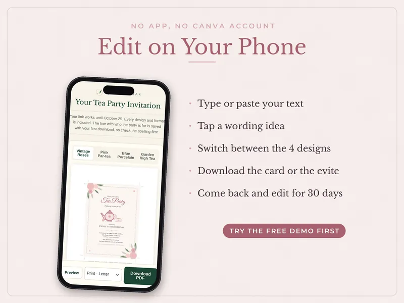 Editable Tea Party Invitation: edit on a phone