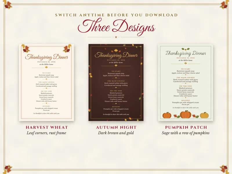 Editable Thanksgiving Menu, Place Cards and Thankful Cards: three designs
