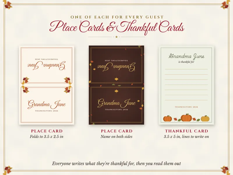 Editable Thanksgiving Menu, Place Cards and Thankful Cards: place and thankful cards