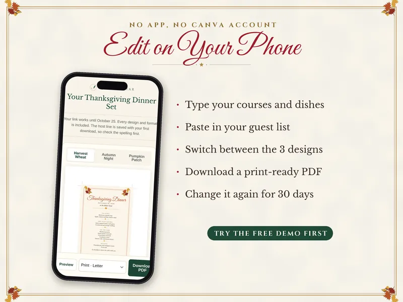 Editable Thanksgiving Menu, Place Cards and Thankful Cards: edit on a phone