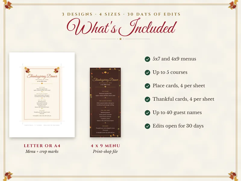 Editable Thanksgiving Menu, Place Cards and Thankful Cards: what's included