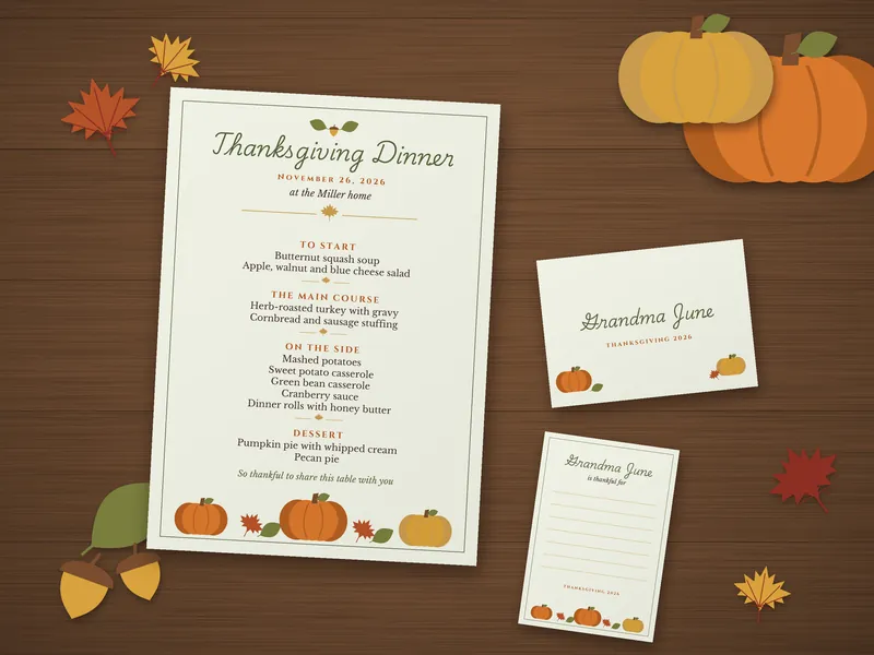 Editable Thanksgiving Menu, Place Cards and Thankful Cards: printed pages laid flat