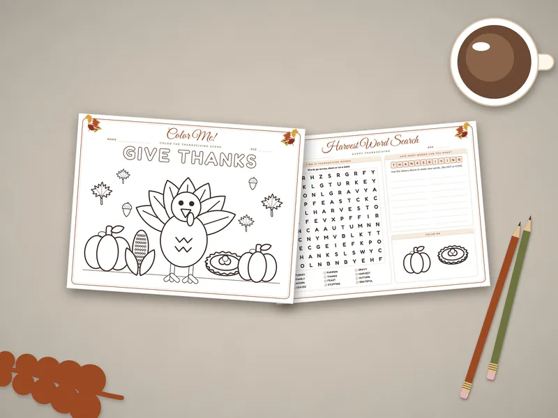 Thanksgiving Kids Activity Placemats: printed pages laid flat