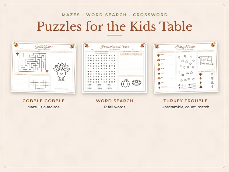 Thanksgiving Kids Activity Placemats: puzzles