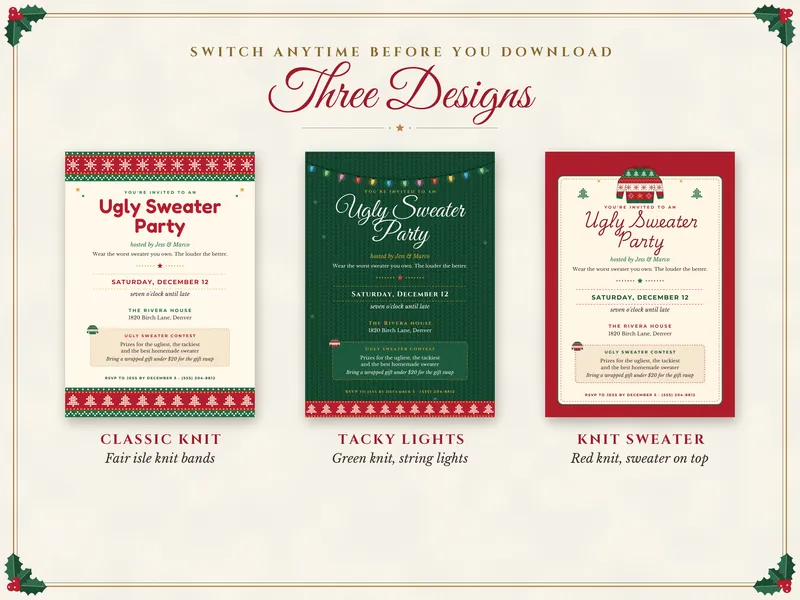 Editable Ugly Sweater Party Invitation: three designs