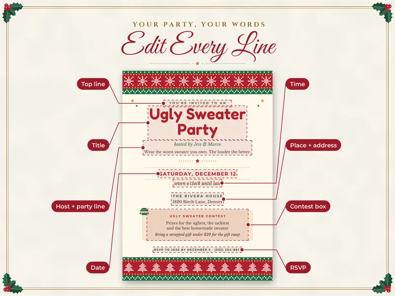Editable Ugly Sweater Party Invitation: edit every line