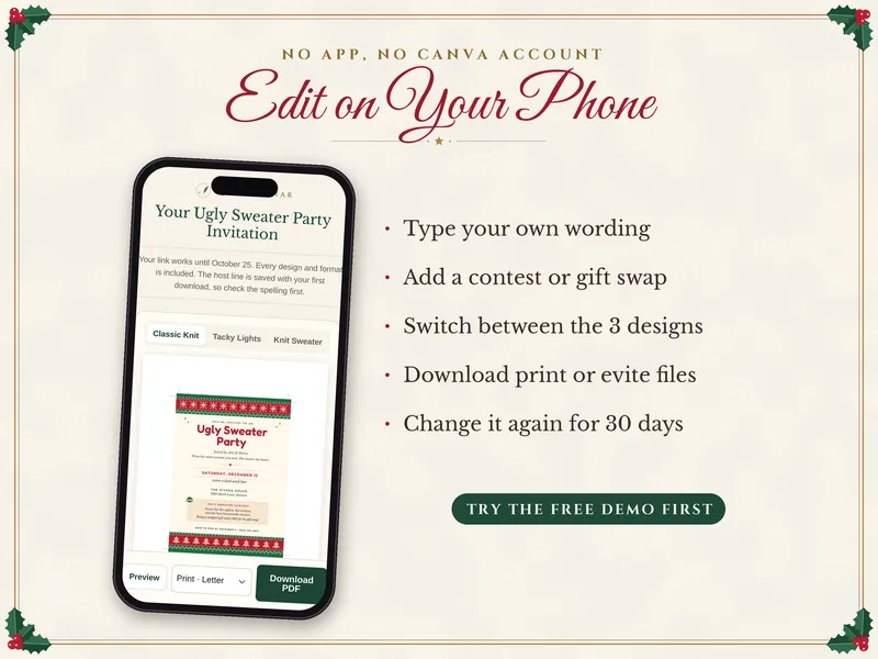 Editable Ugly Sweater Party Invitation: edit on a phone