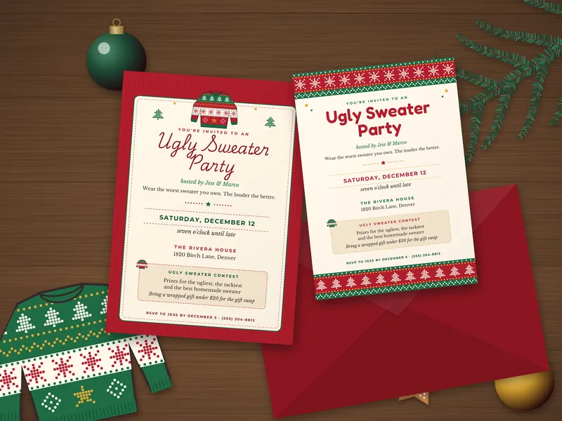 Editable Ugly Sweater Party Invitation: printed pages laid flat