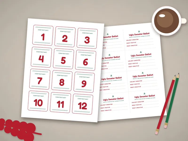 Ugly Sweater Party Games and Contest Kit: printed pages laid flat