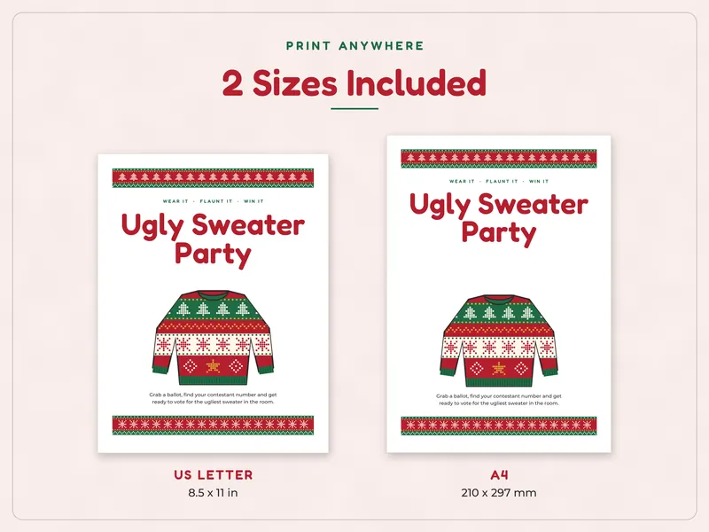 Ugly Sweater Party Games and Contest Kit: paper sizes