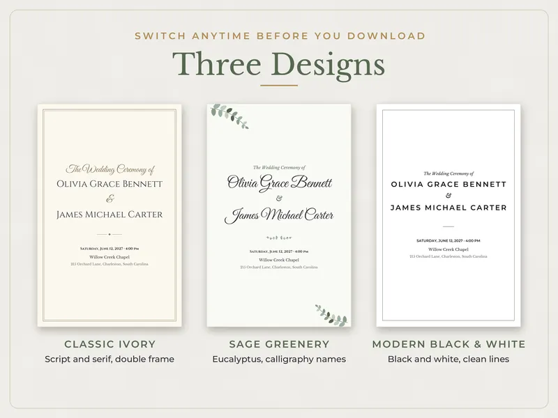 Editable Wedding Program: three designs