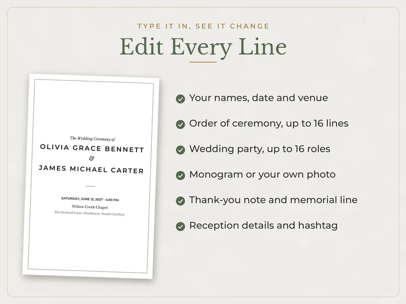 Editable Wedding Program: edit every line