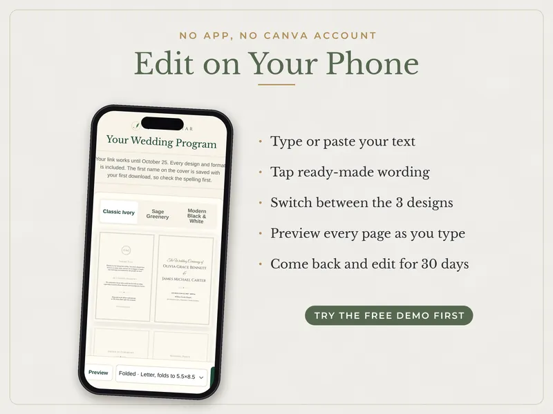 Editable Wedding Program: edit on a phone