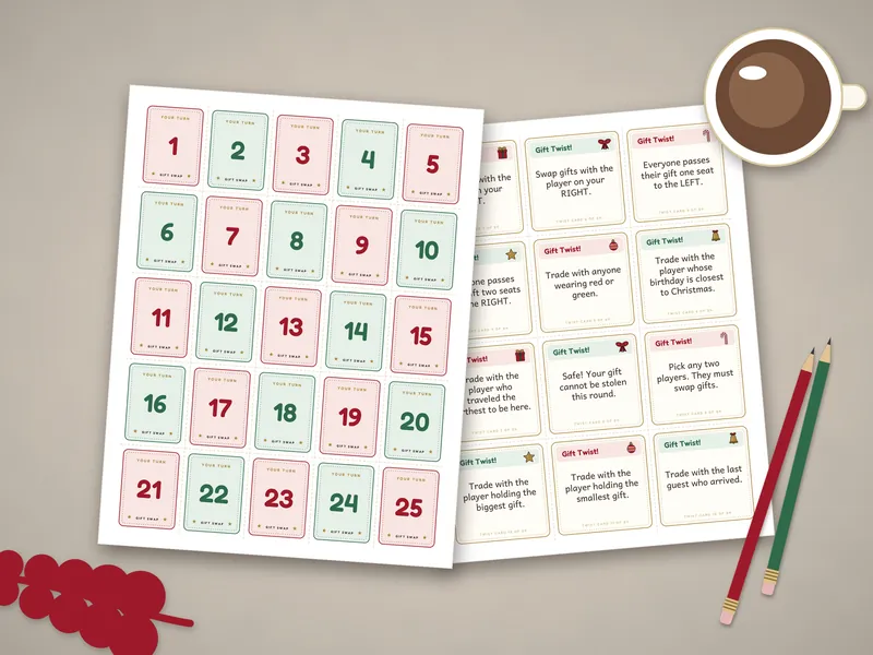 White Elephant Gift Exchange Game Kit: printed pages laid flat