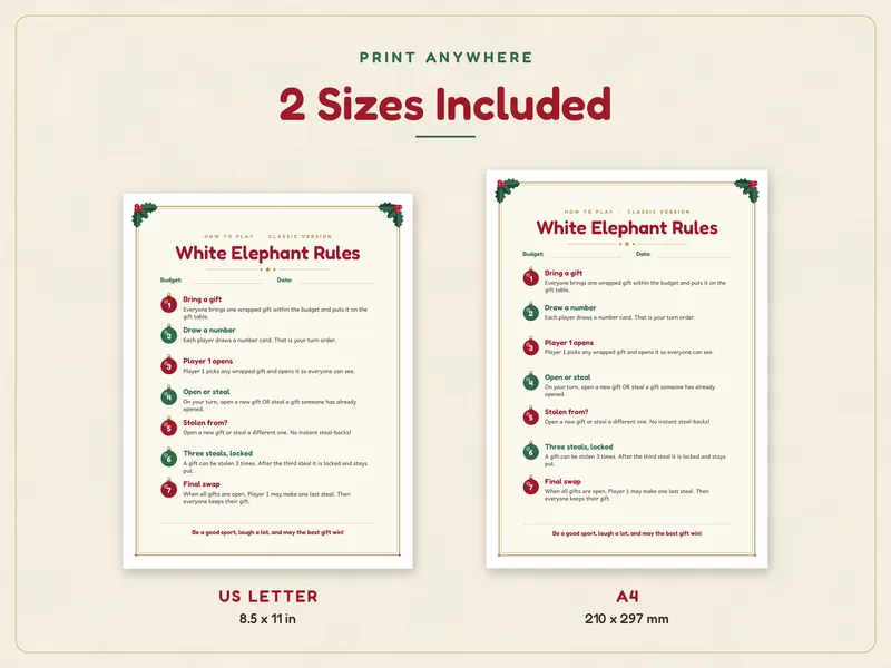 White Elephant Gift Exchange Game Kit: paper sizes