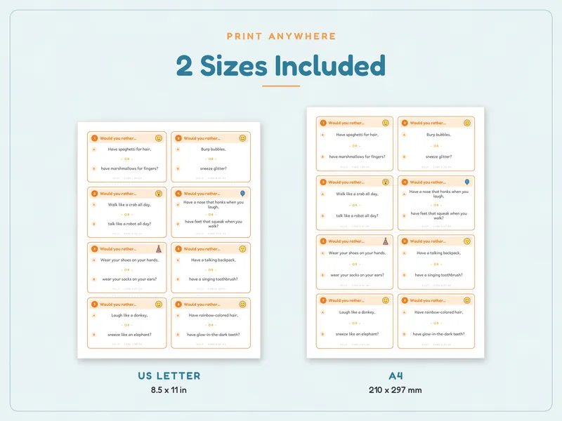 Would You Rather Cards for Kids: paper sizes